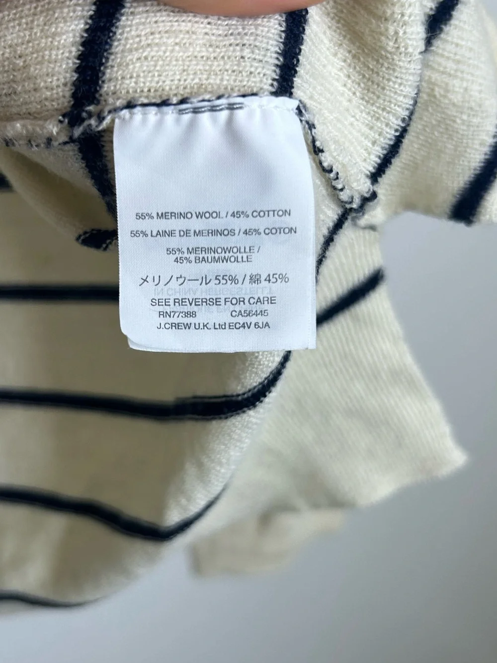 J. Crew Merino Wool Cotton Striped Cream Navy Lightweight V - Neck Sweater
